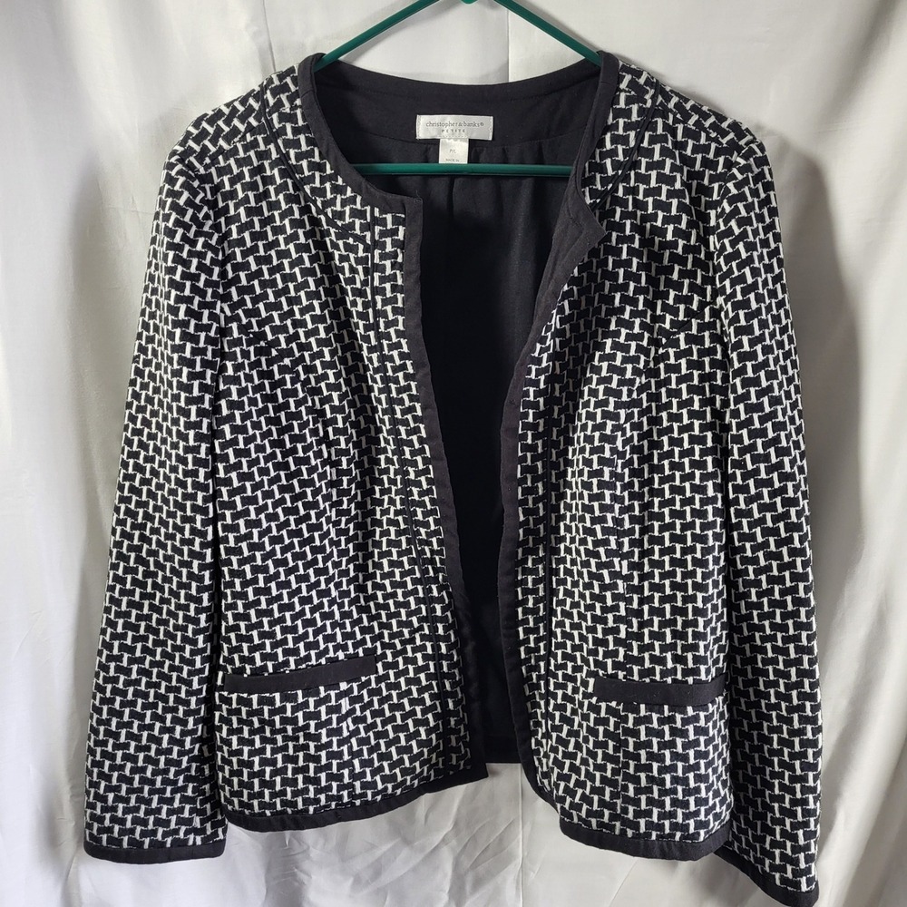 Christopher & Banks Petite Large Black White Basketweave Open Front Blazer